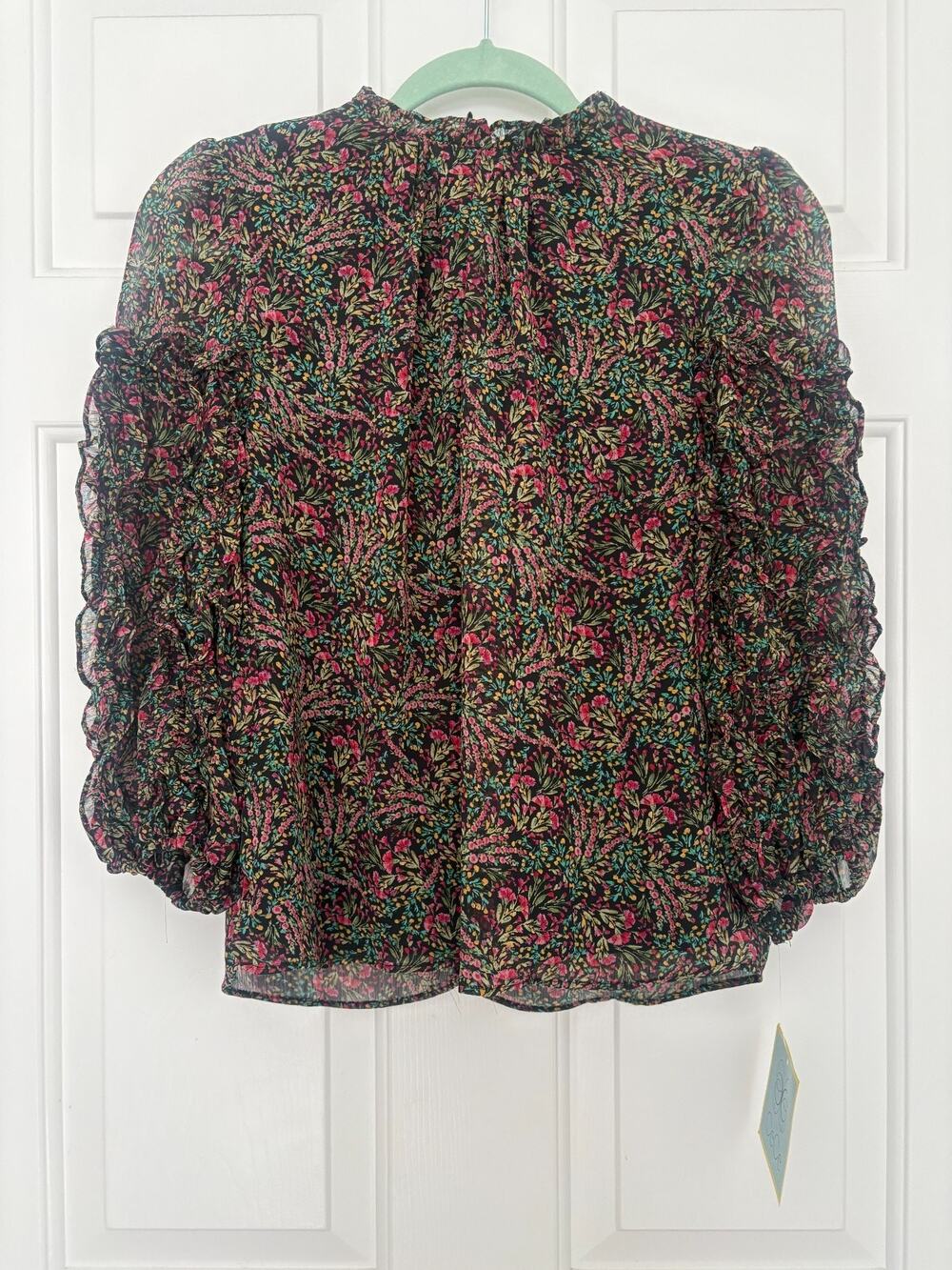 CeCe Floral Puff Sleeve Blouse Mock Neck Ruffle Tiered Sleeve Small 4-8 NEW